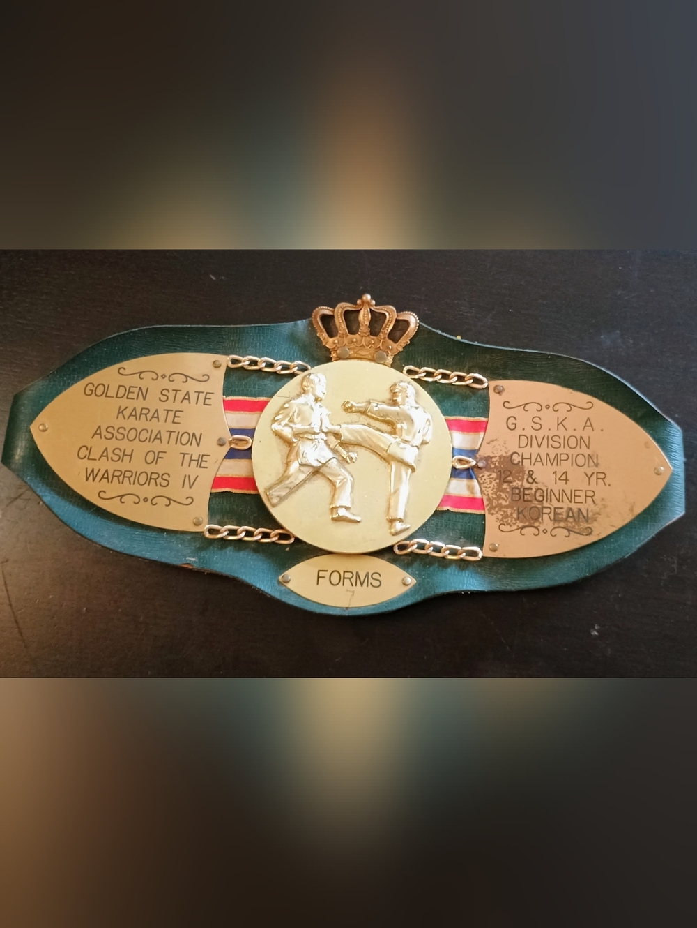 Karate Forms Champion Plaque Belt - Green with Gold Accents